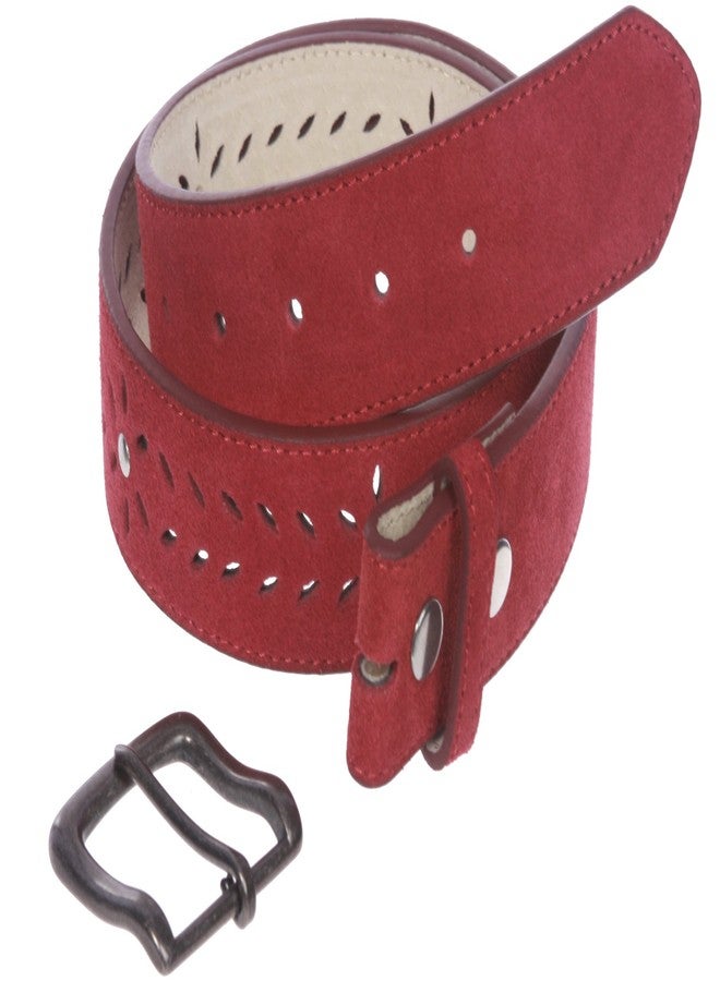 Beltiscool Women's 1 1/2" (38 mm) Snap on Suede Perforated Studded Leather Belt, Red | 38" - Image 3